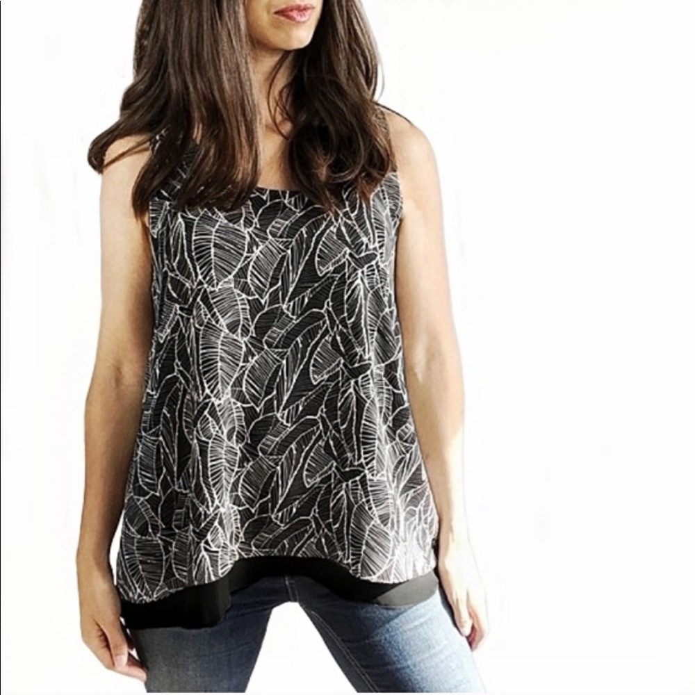 LOFT Black and White Leaf Print Dual Layer Tank L